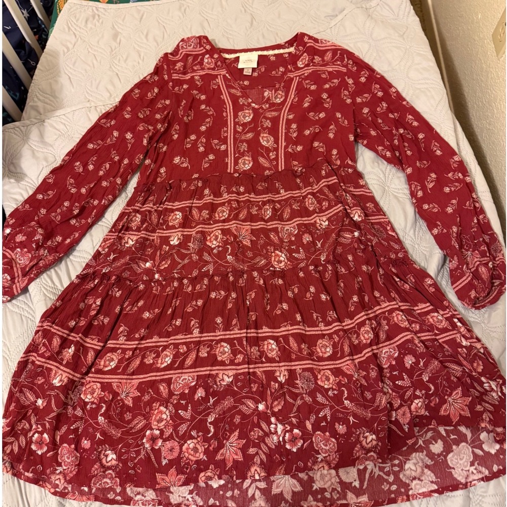 Knox‎ Rose Floral Tiered Boho Mini Dress Women's Small Burgundy Long Sleeve